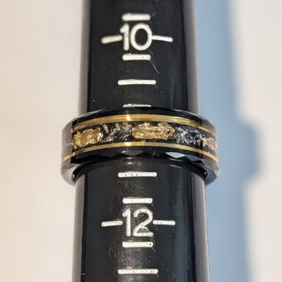 Mens Tungsten Carbide Ring Crushed Gold Leaf Meteorite Inlay Sz 11 Unique Cosmic - Picture 8 of 11